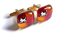 Red and orange fused glass cufflinks fine silver inclusions gold leaf backed