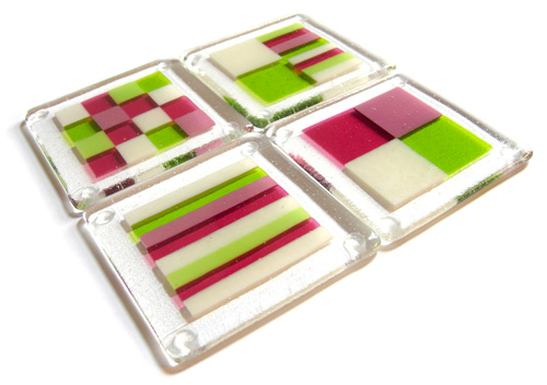 Multi-coloured springtime bullseye fused glass coasters